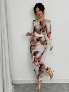 Elegant long sleeve bodycon dress with abstract marble print and side waist pleats