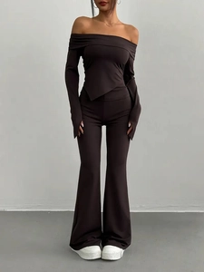 Women's chic dark brown knit two-piece set with off-shoulder top and flared trousers