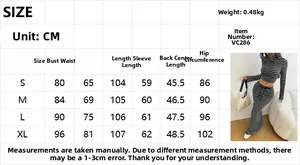 Size chart table for the women's striped long sleeve top and maxi skirt two-piece set