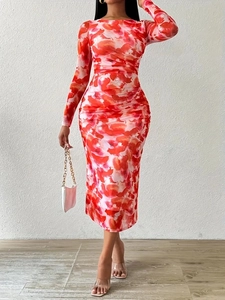 Women Long Sleeve Abstract Print Ruched Bodycon Midi Dress Round Neck Elegant Slim Fit Stretchy Dress For Party Daily Casual