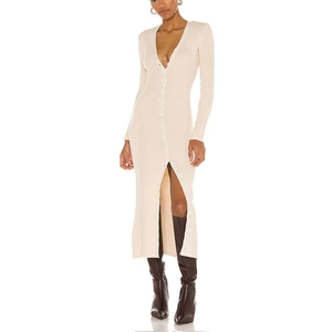Detail of V-neck knitted maxi dress featuring a button-down front and ribbed texture finish