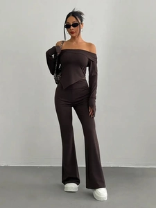 Women Off Shoulder Long Sleeve Irregular Hem Top And High Waist Flare Pants Polyester Spandex Knitted Casual Clothing