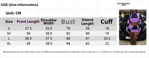 Comprehensive size chart for women's long sleeve two-piece set in S to XL sizes