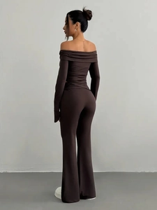 Women's chic solid dark brown knit set with off-shoulder top and high waist flared pants