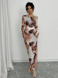 Women's long sleeve bodycon maxi dress with brown marble abstract print pattern