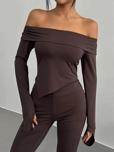 Women's dark brown knit set with off-shoulder long sleeve top and matching pants