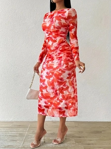 Elegant floral print ruched long sleeve bodycon midi dress for women fashion