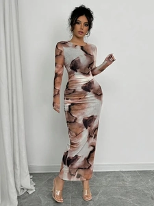 Women Fashion Abstract Marble Print Long Sleeve Ruched Slim Fit Round Neck High Waist Maxi Dress Elegant Commuter Style