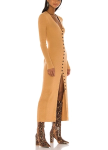 Detail showing camel ribbed knit fabric with button-down front on a slim-fit maxi dress