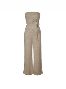 Ensemble beige côtelé pour femme avec haut bustier à cordon et pantalon large fluide