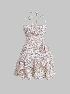 Women Halter Floral Mini Dress Ruffle Layered Cake Skirt Backless Sexy Summer Vacation Boho Chic Sleeveless Sundress