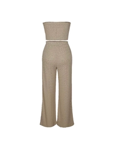 Ensemble haut sans manches à nouer et pantalon large pour femme en tissu beige texturé