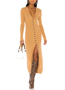 Detail of V-neck button-down knit dress featuring side slit and long sleeves