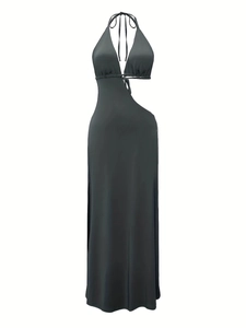 Detail of elegant charcoal grey halter neck dress with waist cut-out and side slit design