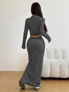 Women's two-piece striped set with long sleeve crop top and bodycon maxi skirt