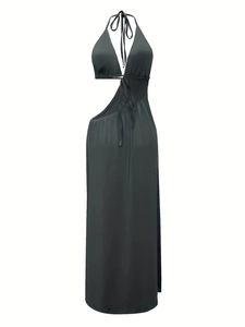 Detail of elegant dark grey halter dress featuring side cut-outs and a silky satin texture