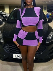 Women Sexy Outfits Long Sleeve Crop Top And Mini Bodycon Skirt Purple Black Patchwork Plaid Knit Clubwear Matching Clothes