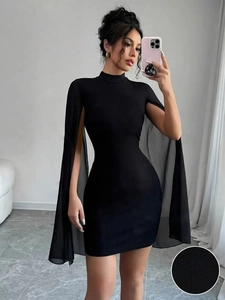 Robe Courte Sexy Bodycon Pour Femmes Avec Élégantes Manches Cape En Mousseline Col Montant Tricot Côtelé Soirée Cocktail