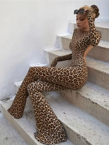 Tuta da Donna Sexy con Stampa Leopardata a Maniche Lunghe Schiena Scoperta Bodycon Gamba a Zampa Tuta Streetwear Moda Outfit Intero