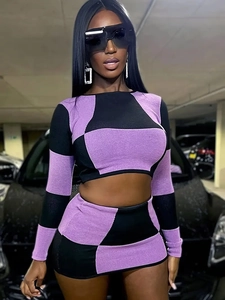 Chic purple and black patchwork two-piece set with long sleeve crop top and mini skirt