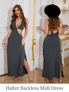 Sexy Halter Neck Deep V Cut Out Backless Maxi Dress Elegant High Slit Floor Length Solid Color Banquet Party Women Dress