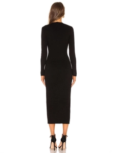 Slim fit black long sleeve ribbed knit maxi dress for women showing the elegant back view