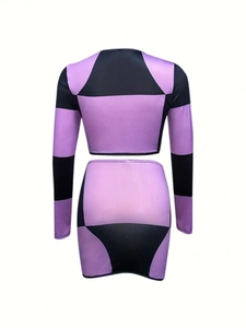 Women's two-piece set with purple and black geometric拼接 long sleeve crop top and mini skirt