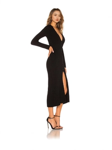 Slim fit black knitted V-neck long sleeve dress with button front and side split detail