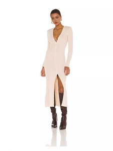 Slim fit V-neck ribbed knit midi dress with long sleeves and button-up front in beige