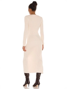 Beige ribbed knit long sleeve maxi dress with a slim fit silhouette for women