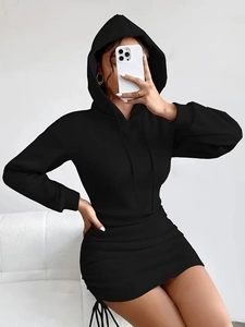 Robe Courte à Capuche Moulante Sexy pour Femme Couleur Unie Froncée avec Cordon de Serrage Manches Longues Coupe Ajustée Sweat Casual Automne Hiver