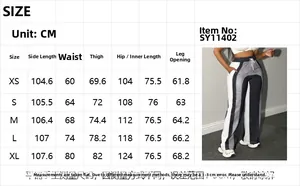 Detailed size guide table with measurements for high-waisted patchwork wide-leg trousers