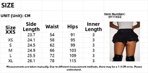 Size chart for black tiered sequin mini skirt showing waist and hip measurements in cm