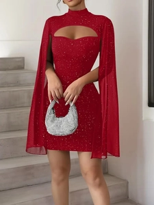 Damen Pailletten Glitzer Cape Ärmel Mini Kleid Elegant Ausschnitt Stehkragen Bodycon Kleid Abend Party Bankett Cocktailkleid