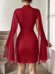 Glitzerndes rotes Abendkleid mit Pailletten, Stehkragen und langen Cap-Ärmeln für Partys
