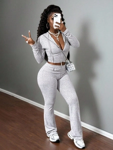 Ensemble 2 Pièces en Tricot Côtelé pour Femmes Slim Sweat à Capuche Zippé Manches Longues et Pantalon Évasé Top And Bottom