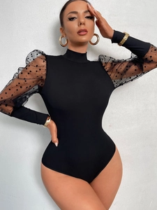Body Sexy da Donna con Collo Lupetto in Maglia a Costine e Maniche a Sbuffo in Rete a Pois Tuta Aderente a Maniche Lunghe