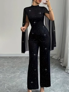 Elegant black sequined jumpsuit with sheer tulle cape and wide-leg fit for evening events