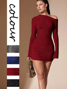 Élégante Robe Courte Femme Une Épaule à Paillettes Froncée Sexy Pailletée Bodycon Fête Cocktail Boîte de Nuit Robe Moulante Manches Longues