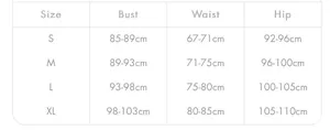 Size chart for backless fringe dress with bust, waist, and hip measurements in cm