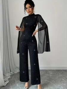 Elegant black sequin jumpsuit for women with sheer mesh lantern sleeves and high neck collar