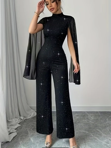 Elegant black sequin jumpsuit with high neck, cape sleeves and wide-leg trousers