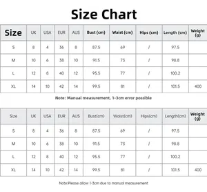 Detailed size chart for French backless chiffon maxi dress with UK USA EUR AUS conversions