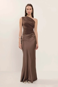 Close-up of sleek dark brown satin evening dress with elegant draped waist detail