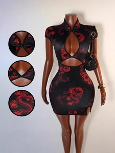 Robe pour Femme Imprimé Dragon Sexy Cheongsam Modifié Coupe Ajustée Manches Courtes Mini Robe Streetwear Style Chinois