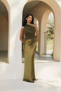 Detail of olive green one-shoulder dress featuring pleated bodice and satin skirt texture
