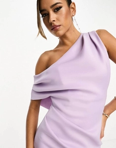 Detail of lavender one-shoulder dress showing elegant neckline draping and matte fabric