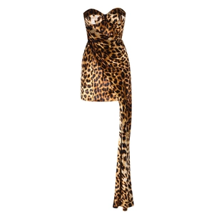 Robe courte léopard bustier sexy avec ourlet asymétrique et détail de ruban long latéral