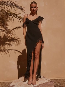 Women Sexy Black Chiffon Ruffle Maxi Dress V Neck Backless High Slit Asymmetrical Elegant Vacation Party Long Strap Dress