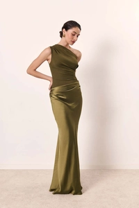 Deep olive green satin maxi dress featuring an elegant one-shoulder design and pleat details